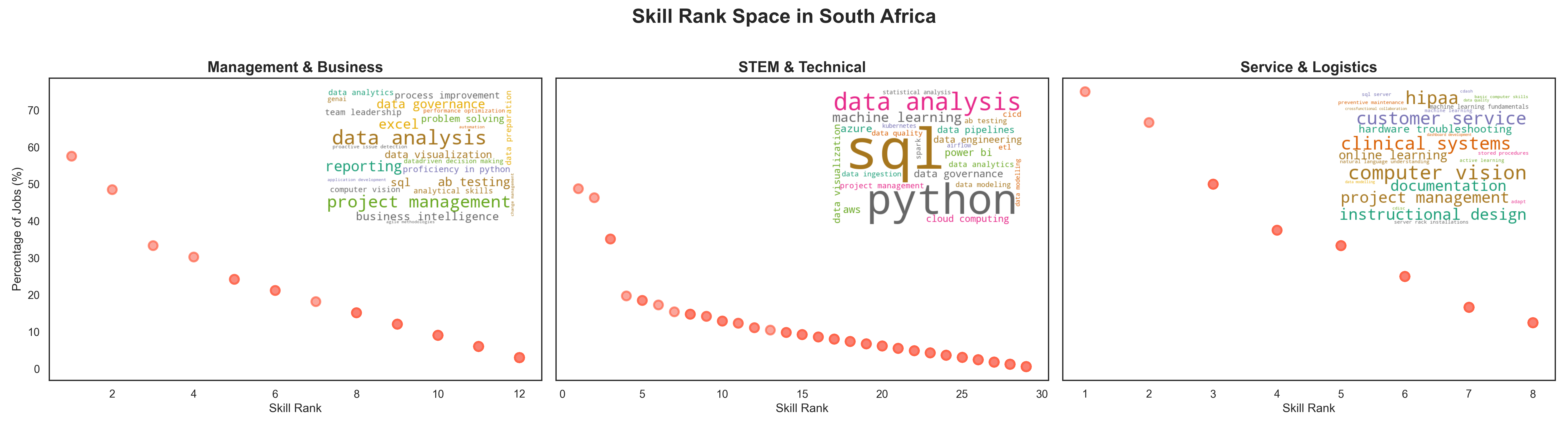 Word cloud visualization for South Africa showing skill rankings